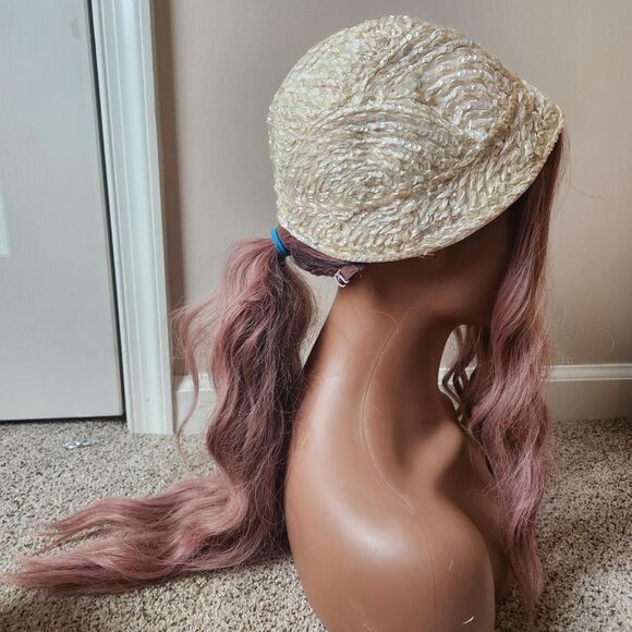 Vtg 50s 60s Iridescent Sequin Cloche Hat Cream Coiled Satin MCM